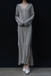 SWAYING 24 Autumn and Winter Vertical Striped V-Neck Structure Dress SW-SW24AW2L14-HUILV Gray Green